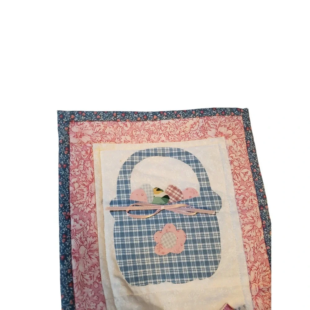 Vintage Handmade Quilted Easter‎ Wall Hanging Multicolor Bunny Hat Basket